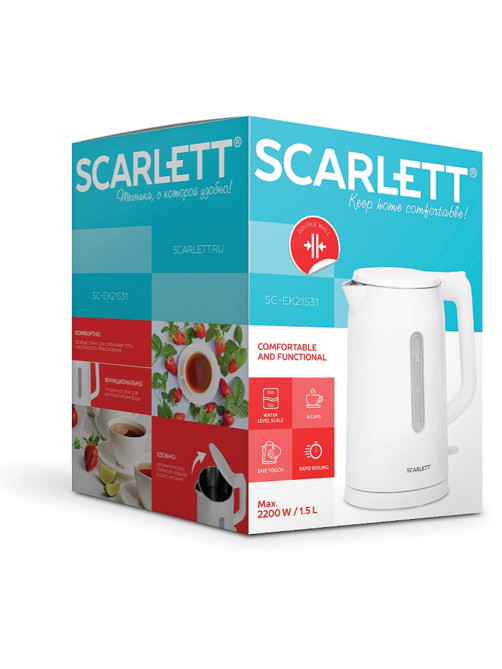 Чайник SCARLETT SC-EK21S31, 1,5 л, 2200 Вт, закрытый нагревательный элемент, двойные стенки, белый