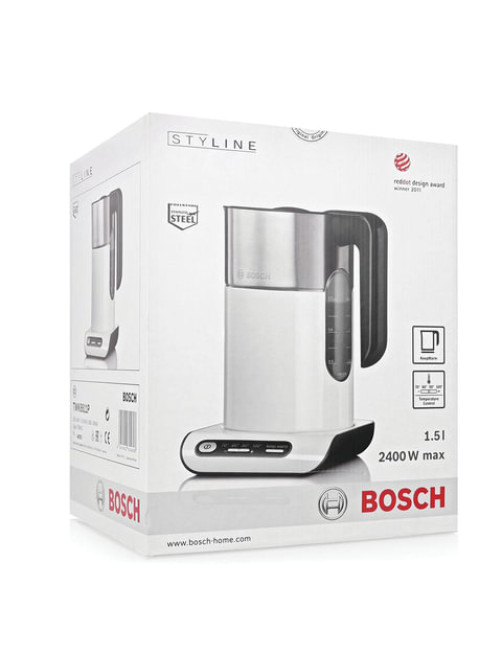 Чайник BOSCH TWK8611P, 1,5 л, 2400 Вт, закрытый нагревательный элемент, нержавеющая сталь, белый