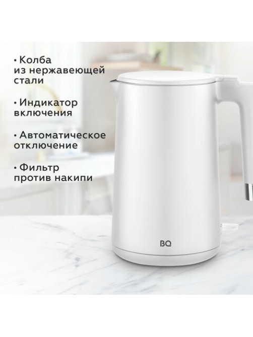 Чайник электрический с двойными стенками BQ (БИ-КЬЮ) KT1720P, 1,5 л, 2200 Вт, белый, 86198280