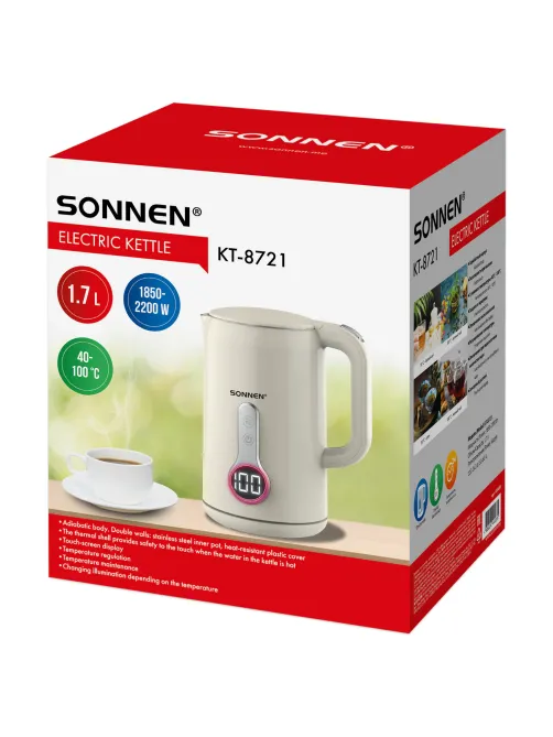 Чайник с терморегулятором и дисплеем, ДВОЙНЫЕ СТЕНКИ, SONNEN KT-8721, 1,7 л, 2200 Вт, бежевый, 454688