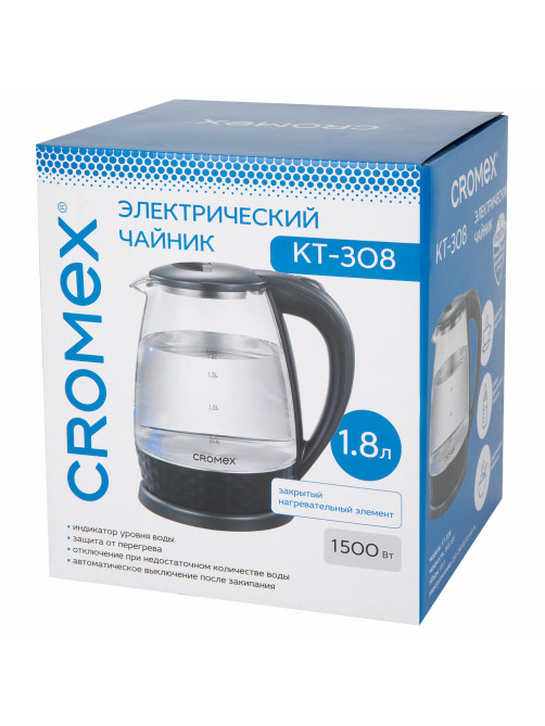 Чайник электрический CROMEX (КРОМЕКС) KT-308, 1,8 л, 1500 Вт, стекло, черный, 455150