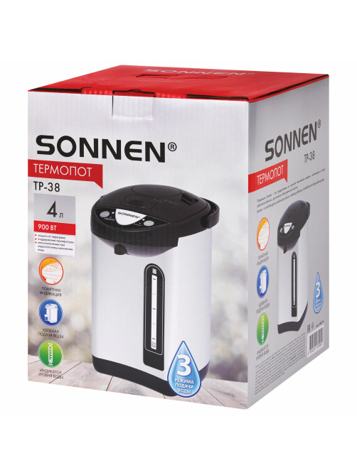 Термопот SONNEN TP-38, 4 л, 900 Вт, 1 температурный режим, 3 режима подачи воды, сталь, черный/серебро, 456710