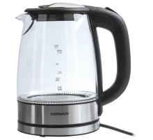 Чайник SONNEN KT-1788, 1,7 л, 2200 Вт, закрытый нагревательный элемент, стекло, черный, подсветка, 454349