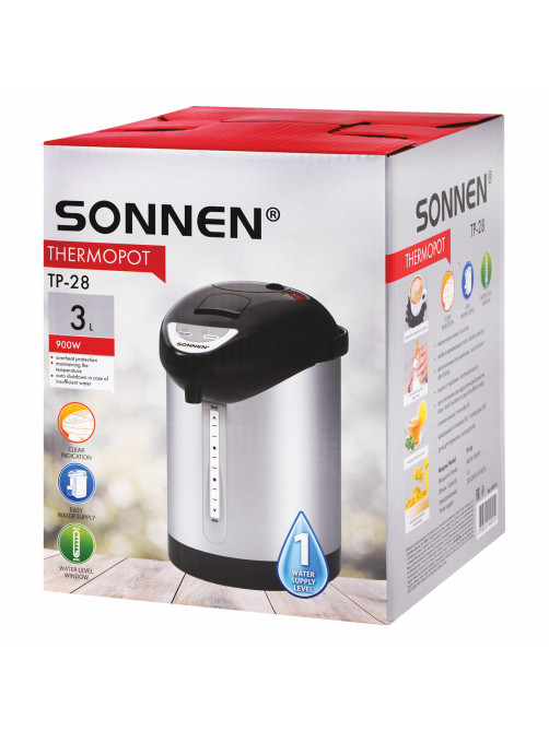 Термопот SONNEN TP-28, 3 л, 900 Вт, 1 температурный режим, ручной насос, сталь, черный/серебро, 456712