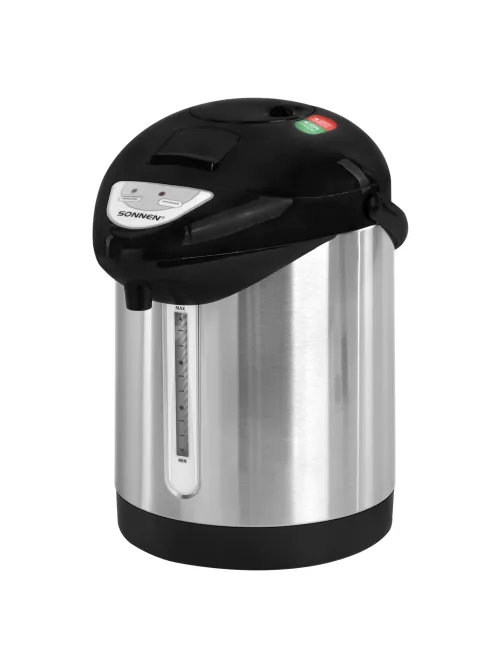 Термопот SONNEN TP-28, 3 л, 900 Вт, 1 температурный режим, ручной насос, сталь, черный/серебро, 456712
