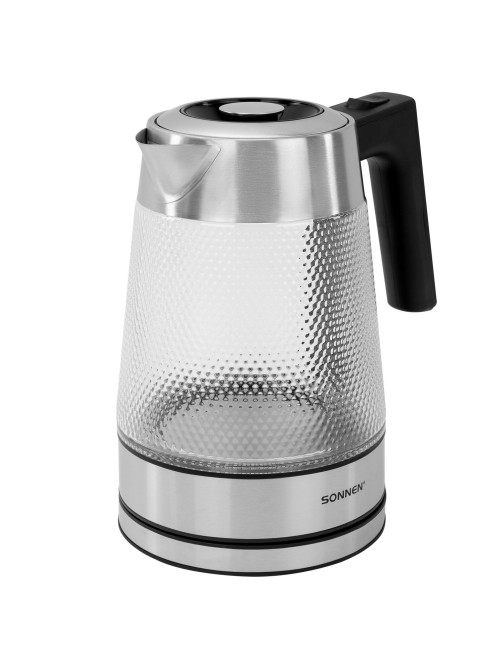 Чайник электрический SONNEN KT-1809, 1,8л, 2200 Вт, термостойкое стекло текстура ромб, внутренняя подсветка синяя, нержавеющая сталь, 455142