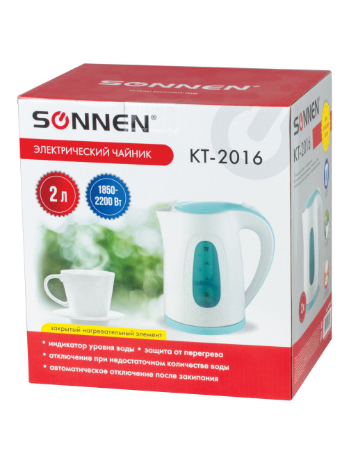 Чайник SONNEN KT-2016, 2 л, 2200 Вт, закрытый нагревательный элемент, пластик, белый/голубой, 453417