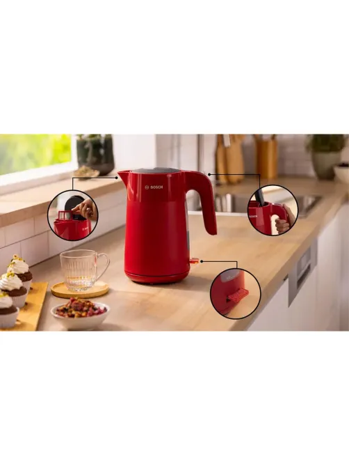 Чайник BOSCH TWK 2M164, 1,7 л, 2400 Вт, закрытый нагревательный элемент, пластик, красный
