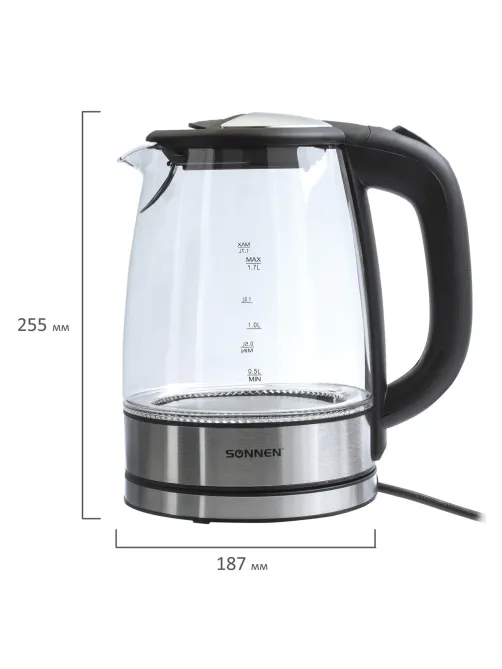 Чайник SONNEN KT-1788, 1,7 л, 2200 Вт, закрытый нагревательный элемент, стекло, черный, подсветка, 454349
