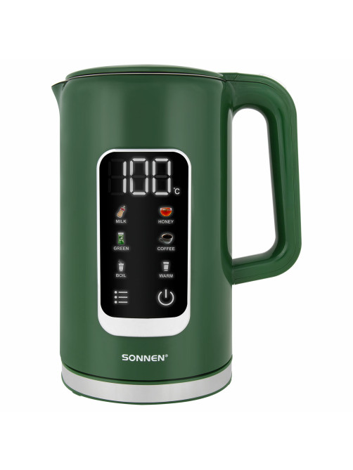 Чайник с терморегулятором и дисплеем, ДВОЙНЫЕ СТЕНКИ, SONNEN KT-8723EG, 1,7 л, 2200 Вт, изумрудный, 454689