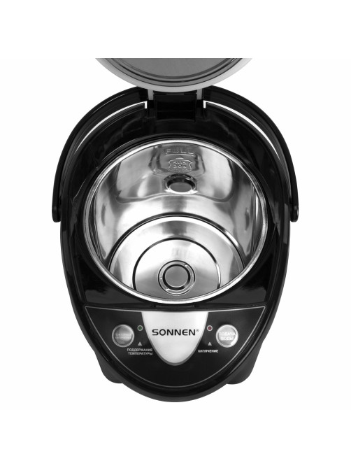 Термопот SONNEN TP-38, 4 л, 900 Вт, 1 температурный режим, 3 режима подачи воды, сталь, черный/серебро, 456710
