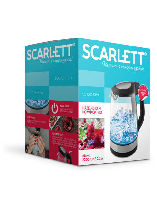 Чайник SCARLETT SC-EK27G19, 2,2 л, 2200 Вт, закрытый нагревательный элемент, стекло, черный
