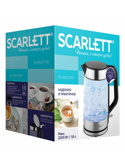 Чайник SCARLETT SC-EK27G101, 1,8 л, 2200 Вт, закрытый нагревательный элемент, стекло, черный
