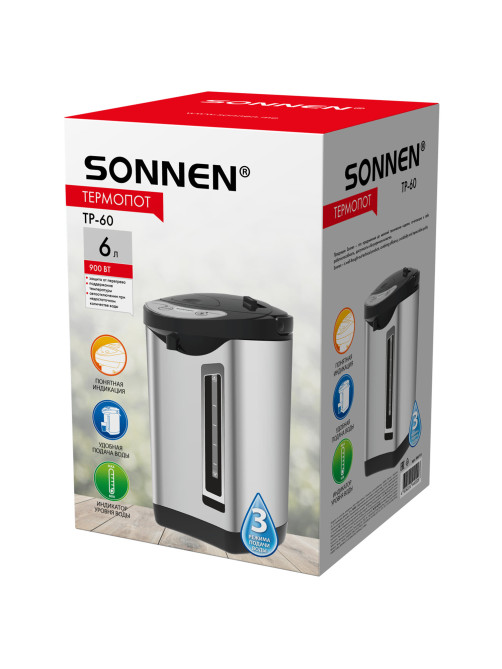 Термопот SONNEN TP-60, 6 л, 900 Вт, 1 температурный режим, 3 режима подачи воды, сталь, черный/серебро, 456713