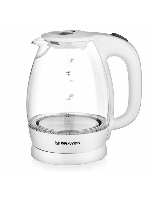Чайник BRAYER BR1013WH, 1,8 л, 2200 Вт, закрытый нагревательный элемент, стекло, белый
