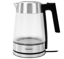 Чайник электрический SONNEN KT-1809, 1,8л, 2200 Вт, термостойкое стекло текстура ромб, внутренняя подсветка синяя, нержавеющая сталь, 455142