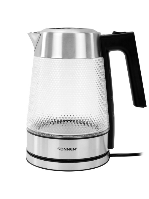 Чайник электрический SONNEN KT-1809, 1,8л, 2200 Вт, термостойкое стекло текстура ромб, внутренняя подсветка синяя, нержавеющая сталь, 455142