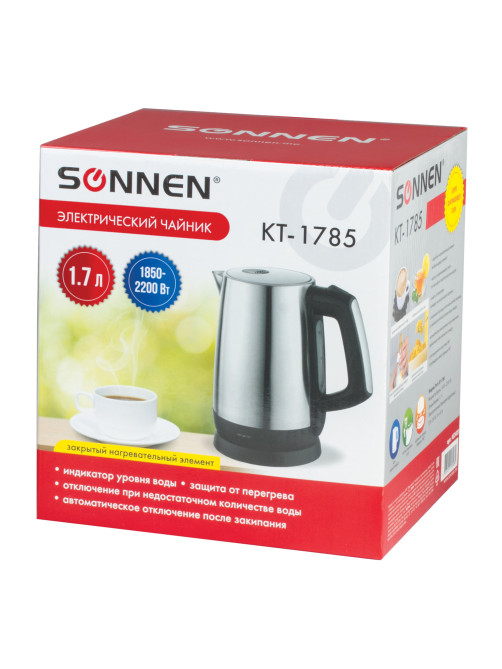 Чайник SONNEN KT-1785, 1,7 л, 2200 Вт, закрытый нагревательный элемент, нержавеющая сталь, 453420