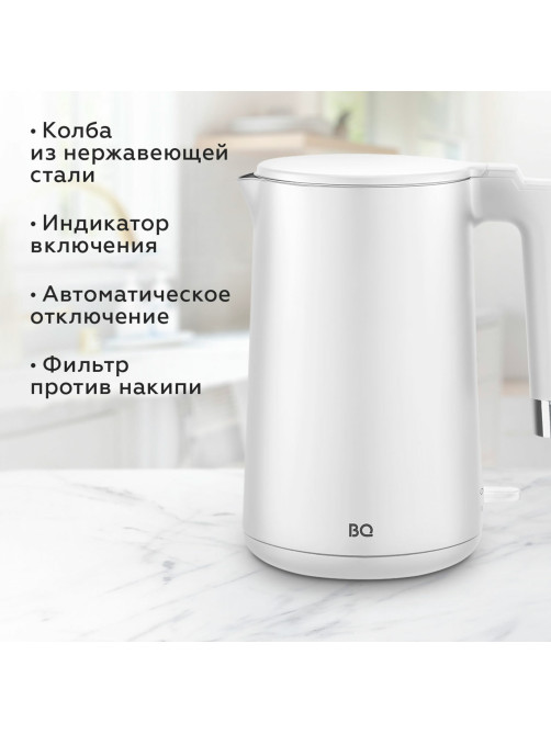 Чайник электрический с двойными стенками BQ (БИ-КЬЮ) KT1720P, 1,5 л, 2200 Вт, белый, 86198280