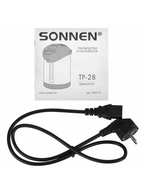 Термопот SONNEN TP-28, 3 л, 900 Вт, 1 температурный режим, ручной насос, сталь, черный/серебро, 456712