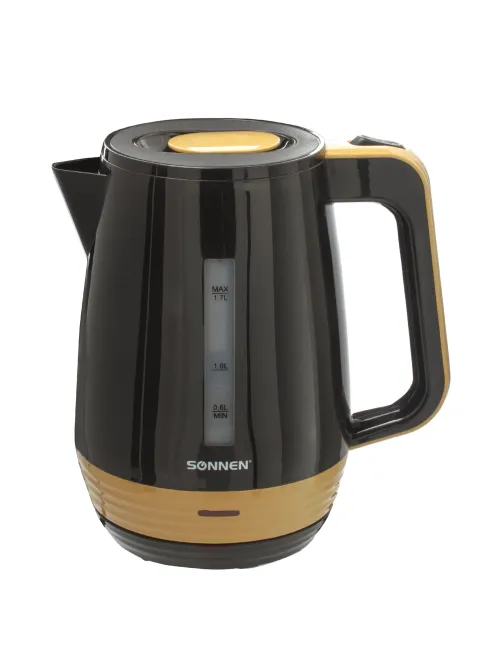 Чайник SONNEN KT-1776, 1,7 л, 2200 Вт, закрытый нагревательный элемент, пластик, черный/горчичный, 453418