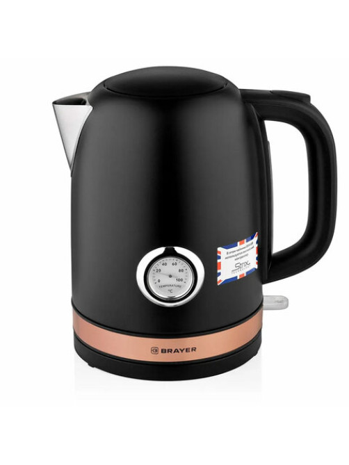 Чайник с термометром BRAYER BR1005BK, 1,7 л, 2200 Вт, закрытый нагревательный элемент, сталь, черный