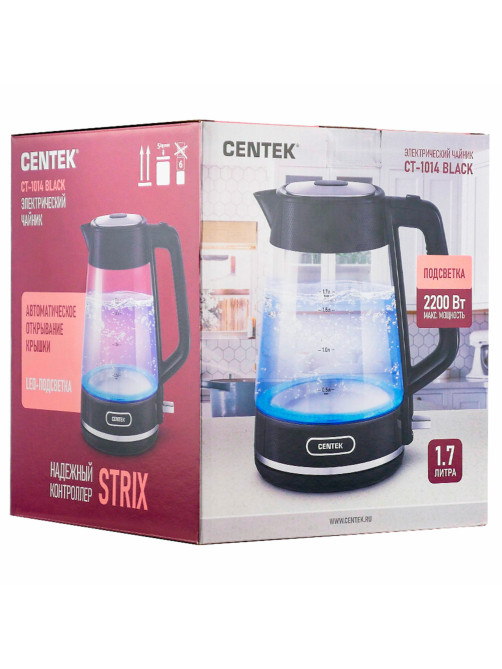 Чайник CENTEK CT-1014, 1,7 л, 2200 Вт, закрытый нагревательный элемент, стекло, черный, CT-1014 Black