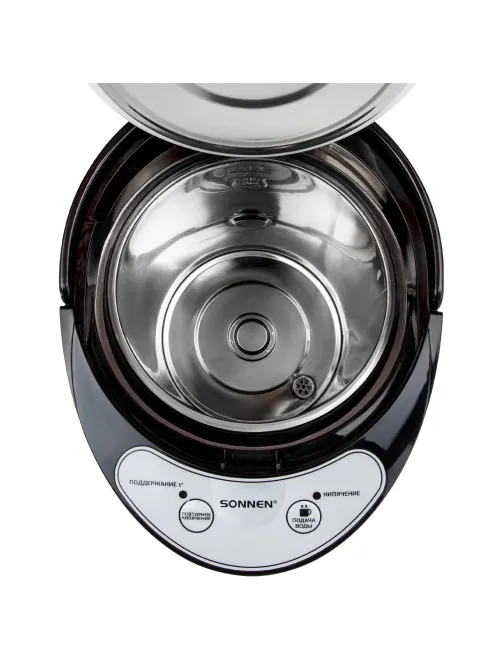Термопот SONNEN TP-60, 6 л, 900 Вт, 1 температурный режим, 3 режима подачи воды, сталь, черный/серебро, 456713
