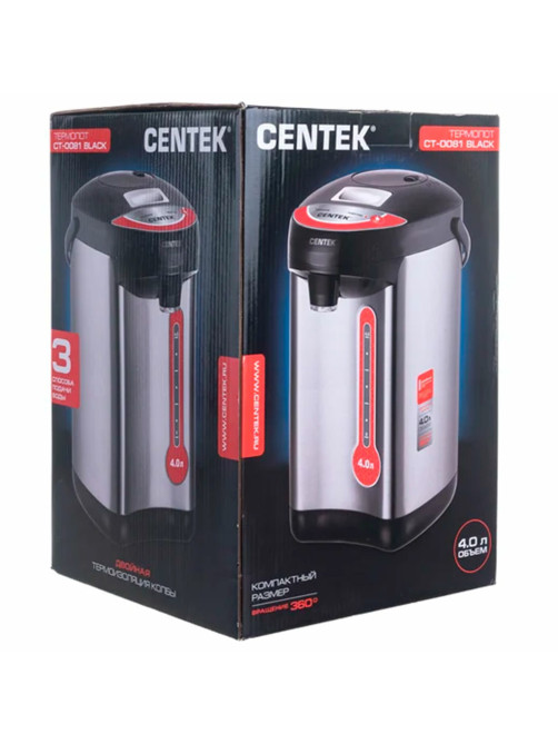 Термопот на 4 литра 3 режима подачи воды CENTEK CT-0081, 850 Вт, 1 температурный режим, пластик/сталь, черный, CT-0081 Black