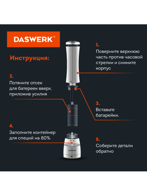 Мельница для специй, 4 уровня помола, электрическая, с подсветкой, PM-3, DASWERK (ДАСВЕРК), 456621