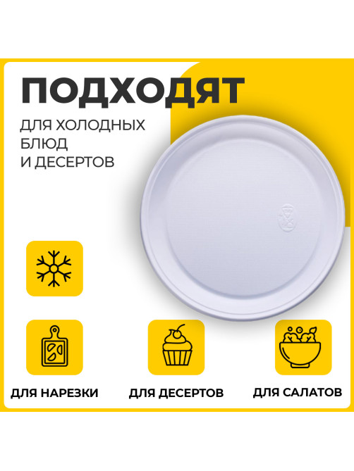 Одноразовые тарелки плоские, КОМПЛЕКТ 100 шт., пластик, d=220 мм, БЮДЖЕТ, белые, ПС, холодное/горячее, LAIMA, 600943