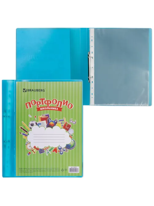 Папка для портфолио школьника, 2 кольца, 20 файлов, пластик, полупрозрачный, синяя, BRAUBERG, 126557