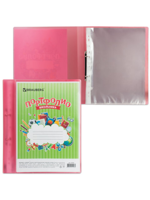 Папка для портфолио школьника, 2 кольца, 20 файлов, пластик полупрозрачный, красная, BRAUBERG, 126558