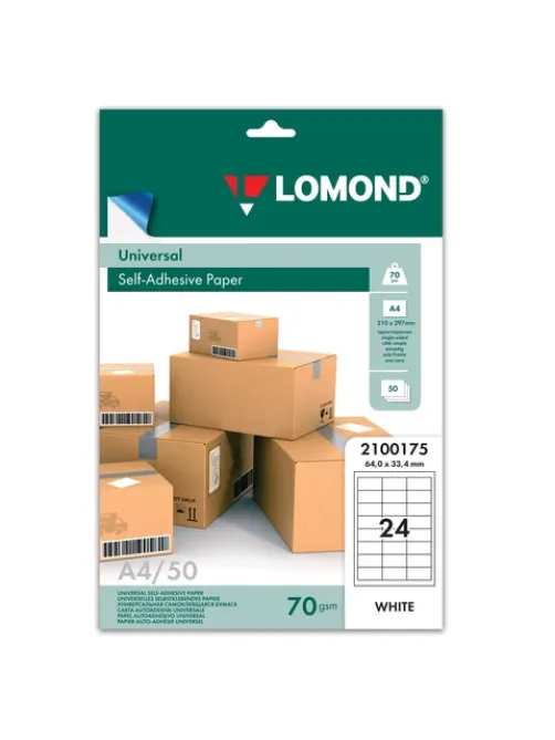 Этикетка самоклеящаяся 64,6х33,4 мм, 24 этикетки, белая, 70 г/м2, 50 листов, LOMOND, 2100175