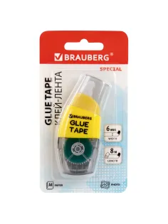 Клей-лента BRAUBERG SPECIAL, 6 мм х 8 м, корпус жёлтый, блистер, 273028