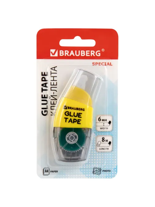 Клей-лента BRAUBERG SPECIAL, 6 мм х 8 м, корпус жёлтый, блистер, 273028