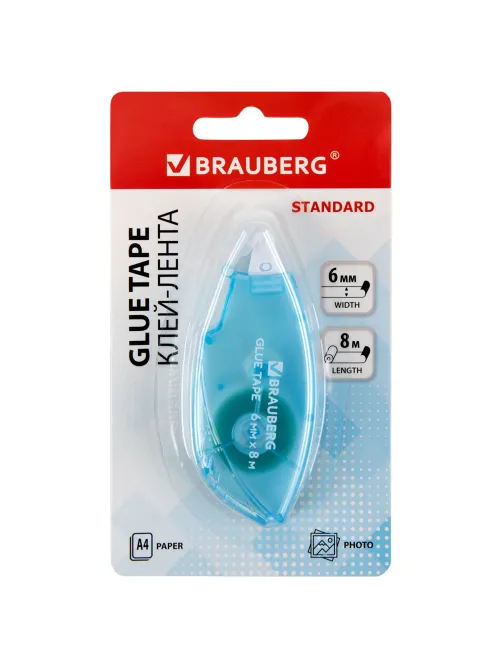 Клей-лента BRAUBERG STANDARD, 6 мм х 8 м, корпус матовый голубой, блистер, 273027