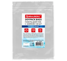 Пакеты дой-пак с замком ZIP LOCK, прозрачные, 140х200 + 40 мм, КОМПЛЕКТ 100 штук, 70 мкм, BRAUBERG, 700697