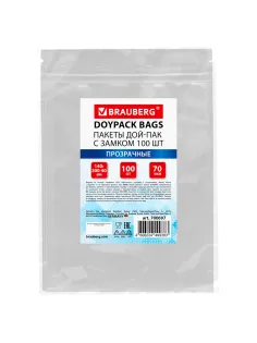Пакеты дой-пак с замком ZIP LOCK, прозрачные, 140х200 + 40 мм, КОМПЛЕКТ 100 штук, 70 мкм, BRAUBERG, 700697