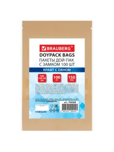 Пакеты дой-пак с замком ZIP LOCK, крафт с окном 40 мм, 100х150 + 30 мм, КОМПЛЕКТ 100 штук, 150 мкм, BRAUBERG, 700688