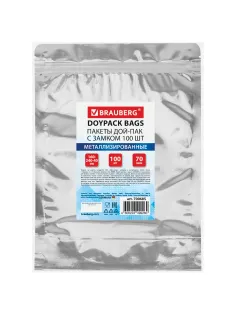 Пакеты дой-пак с замком ZIP LOCK, металлизированная + прозрачная стенка, 160х240 + 40 мм, КОМПЛЕКТ 100 штук, 70 мкм, BRAUBERG, 700685