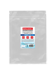 Пакеты дой-пак с замком ZIP LOCK, прозрачные, 200х300 + 50 мм, КОМПЛЕКТ 100 штук, 70 мкм, BRAUBERG, 700700