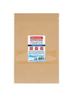 Пакеты дой-пак с замком ZIP LOCK, крафт с окном 60 мм, 180х260 + 40 мм, КОМПЛЕКТ 100 штук, 150 мкм, BRAUBERG, 700693