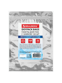 Пакеты дой-пак с замком ZIP LOCK, металлизированная + прозрачная стенка, 140х200 + 40 мм, КОМПЛЕКТ 100 штук, 70 мкм, BRAUBERG, 700684