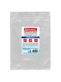 Пакеты дой-пак с замком ZIP LOCK, прозрачные, 180х260 + 40 мм, КОМПЛЕКТ 100 штук, 70 мкм, BRAUBERG, 700699
