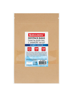 Пакеты дой-пак с замком ZIP LOCK, крафт с окном 50 мм, 150х220 + 40 мм, КОМПЛЕКТ 100 штук, 150 мкм, BRAUBERG, 700691
