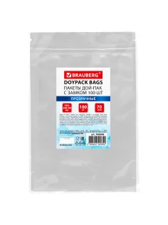 Пакеты дой-пак с замком ZIP LOCK, прозрачные, 160х240 + 40 мм, КОМПЛЕКТ 100 штук, 70 мкм, BRAUBERG, 700698