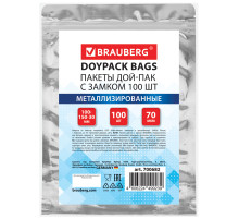 Пакеты дой-пак с замком ZIP LOCK, металлизированная + прозрачная стенка, 100х150 + 30 мм, КОМПЛЕКТ 100 штук, 70 мкм, BRAUBERG, 700682