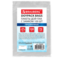 Пакеты дой-пак с замком ZIP LOCK, прозрачные, 100х150 + 30 мм, КОМПЛЕКТ 100 штук, 70 мкм, BRAUBERG, 700695