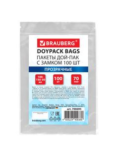Пакеты дой-пак с замком ZIP LOCK, прозрачные, 100х150 + 30 мм, КОМПЛЕКТ 100 штук, 70 мкм, BRAUBERG, 700695